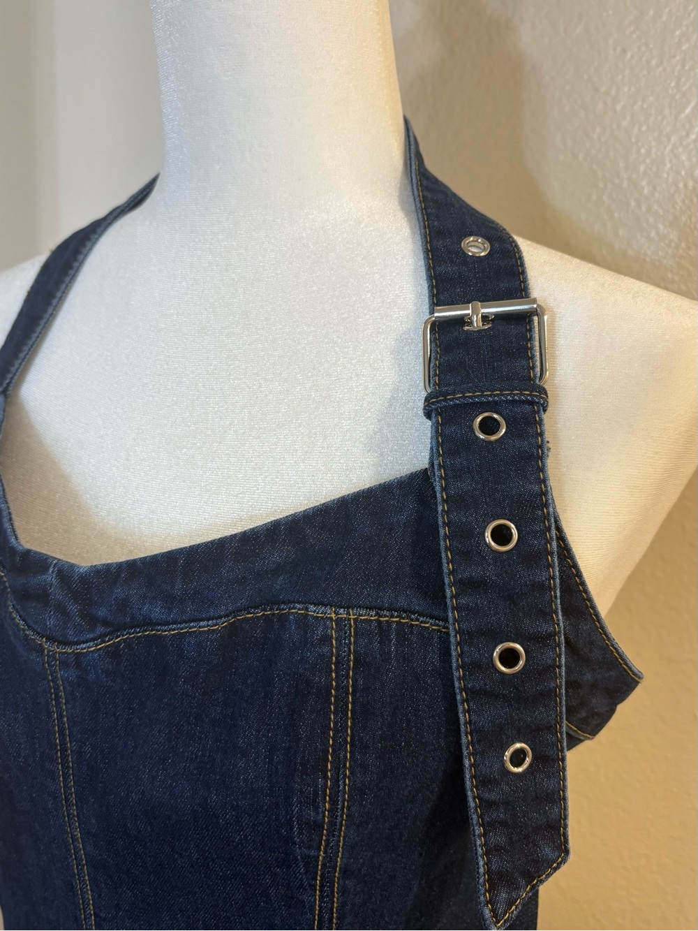 Bebe Halter Neck Buckle Detail Wide Leg Denim Jumpsuit - Picture 7 of 11
